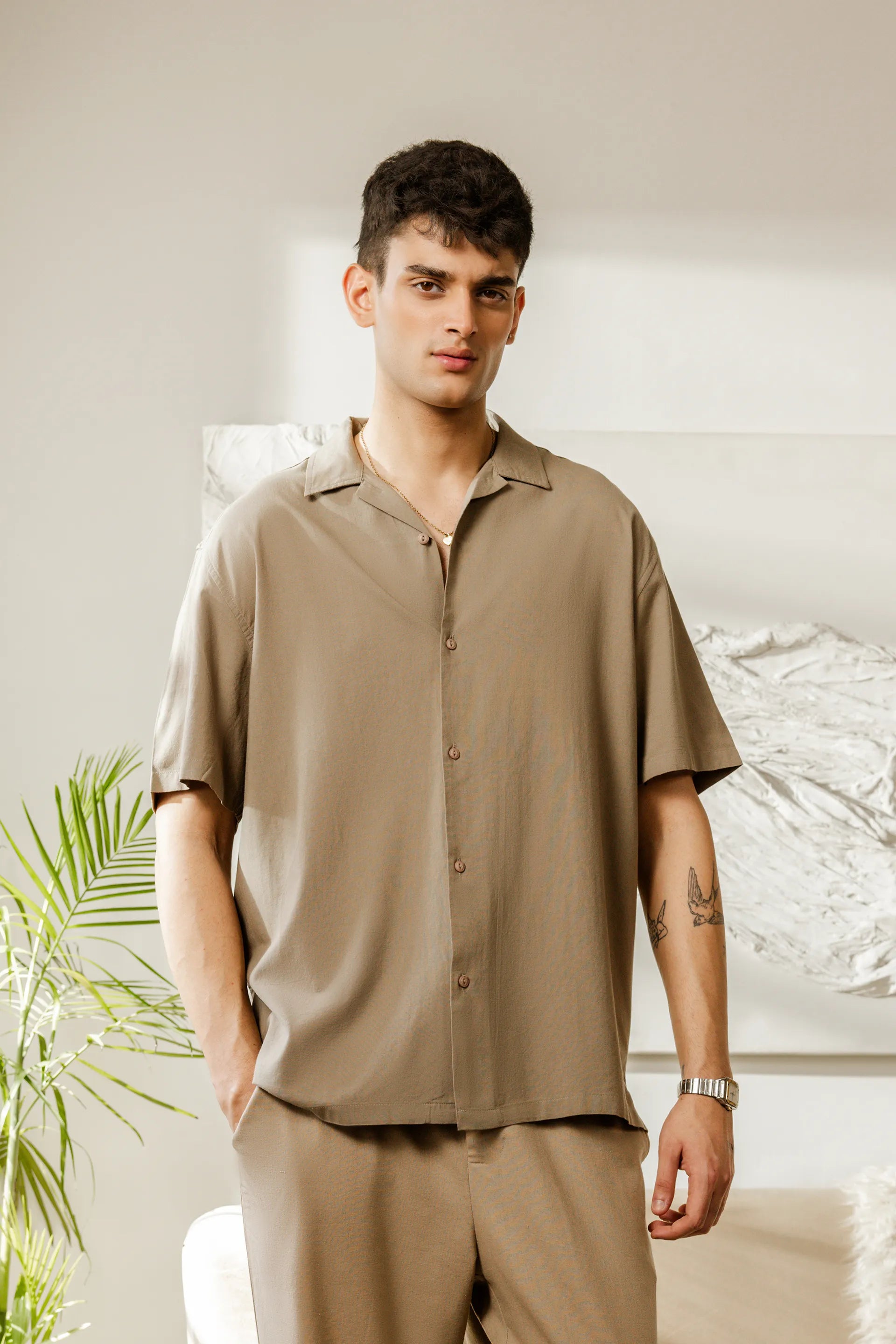 Warm Taupe Resort Collar Shirt for Men