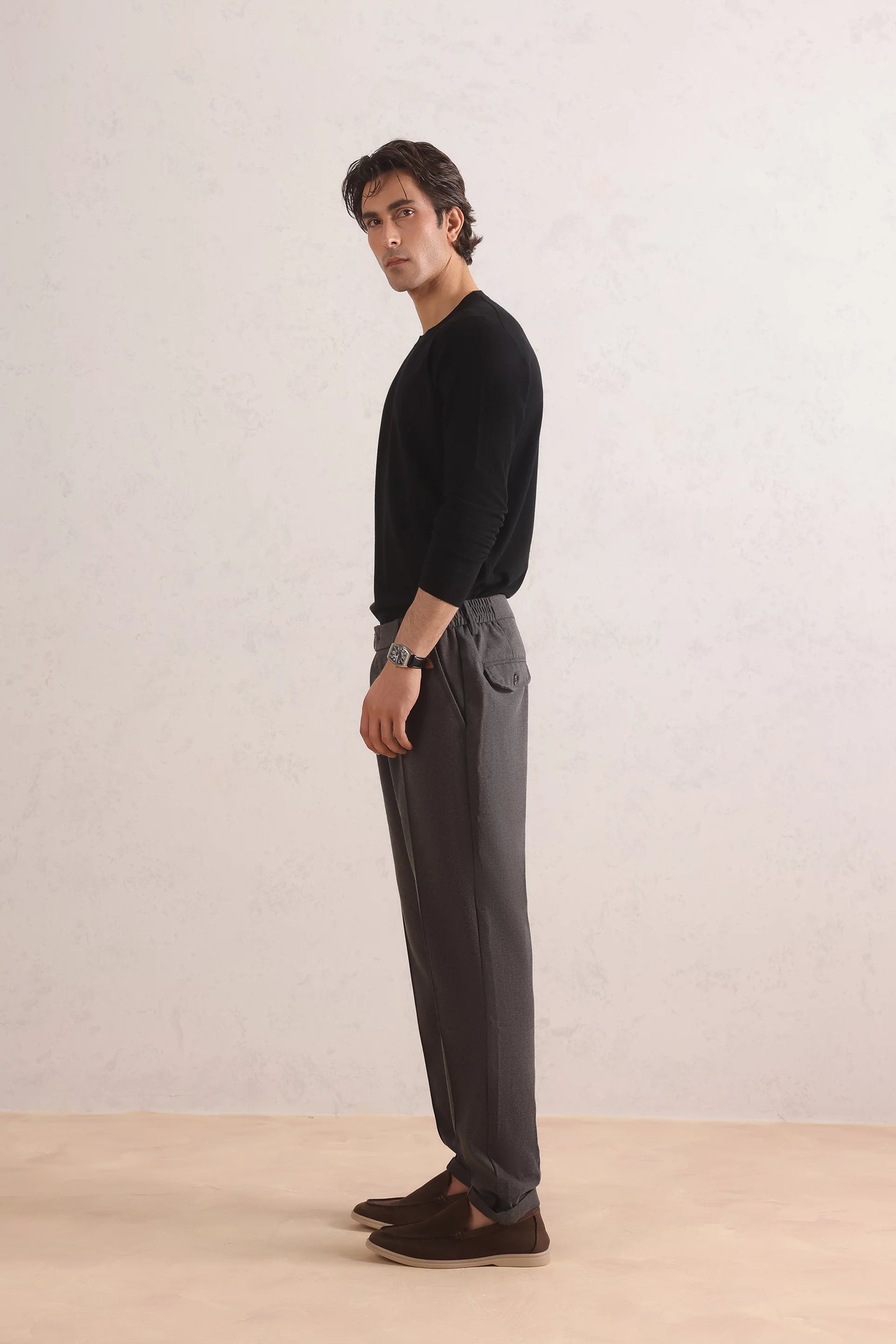 Pleated Cotton Blend Trousers