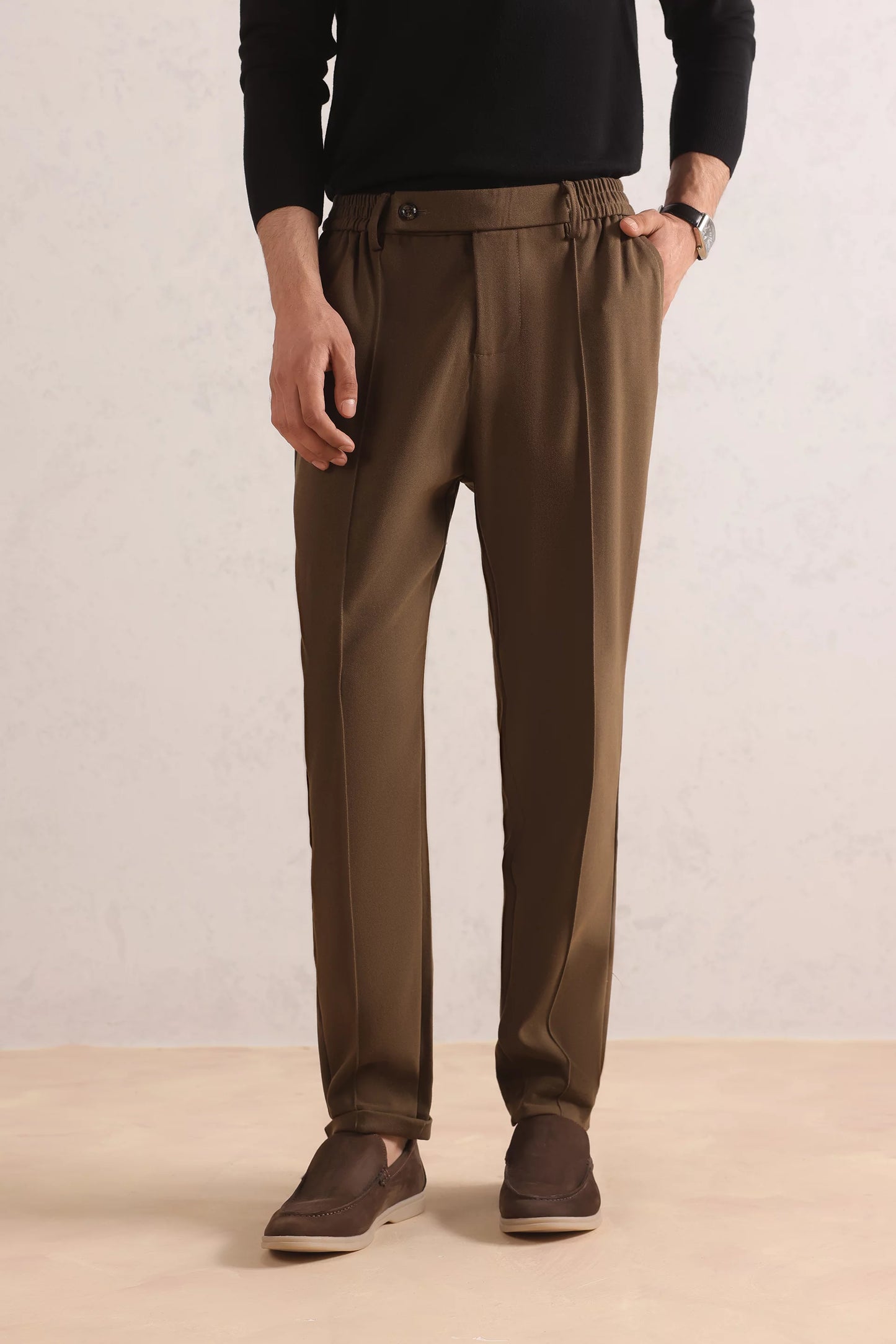 Pleated Cotton Blend Trousers