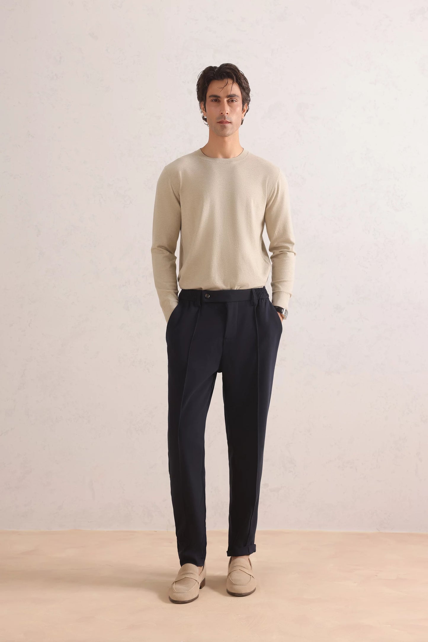 Pleated Cotton Blend Trousers