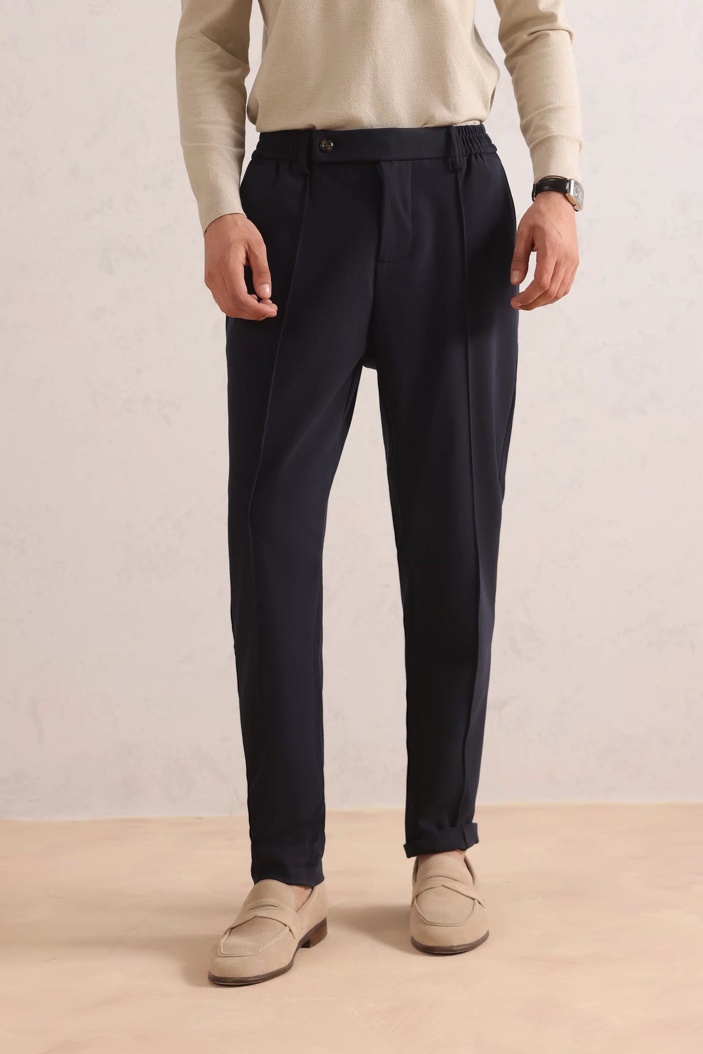 Pleated Cotton Blend Trousers